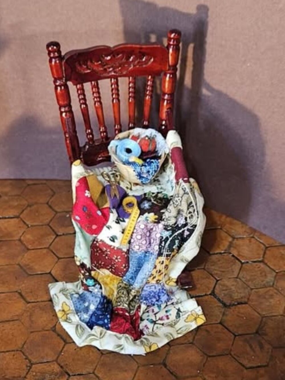 Artist Dollhouse Miniature Rocking Chair with Quilt Sewing by Betty Jo Chudy
